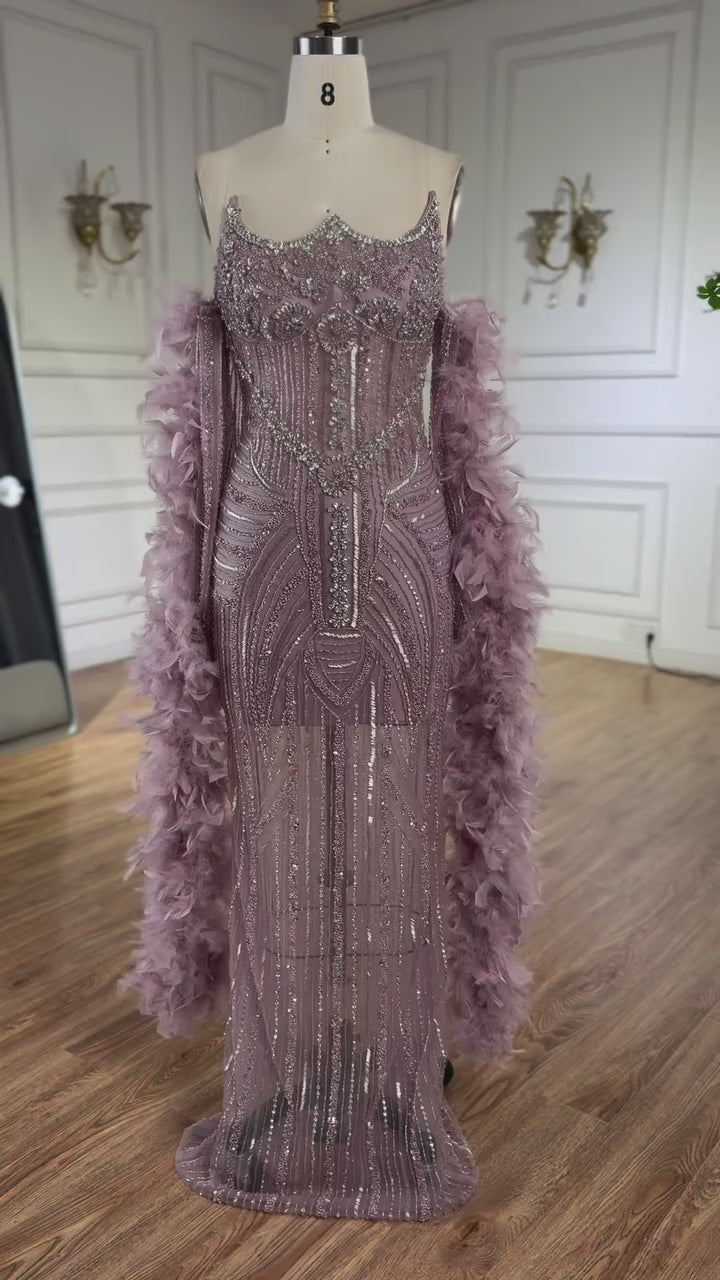 Luxury Caramel Beaded Evening Dress with Feather Sleeves LA73055