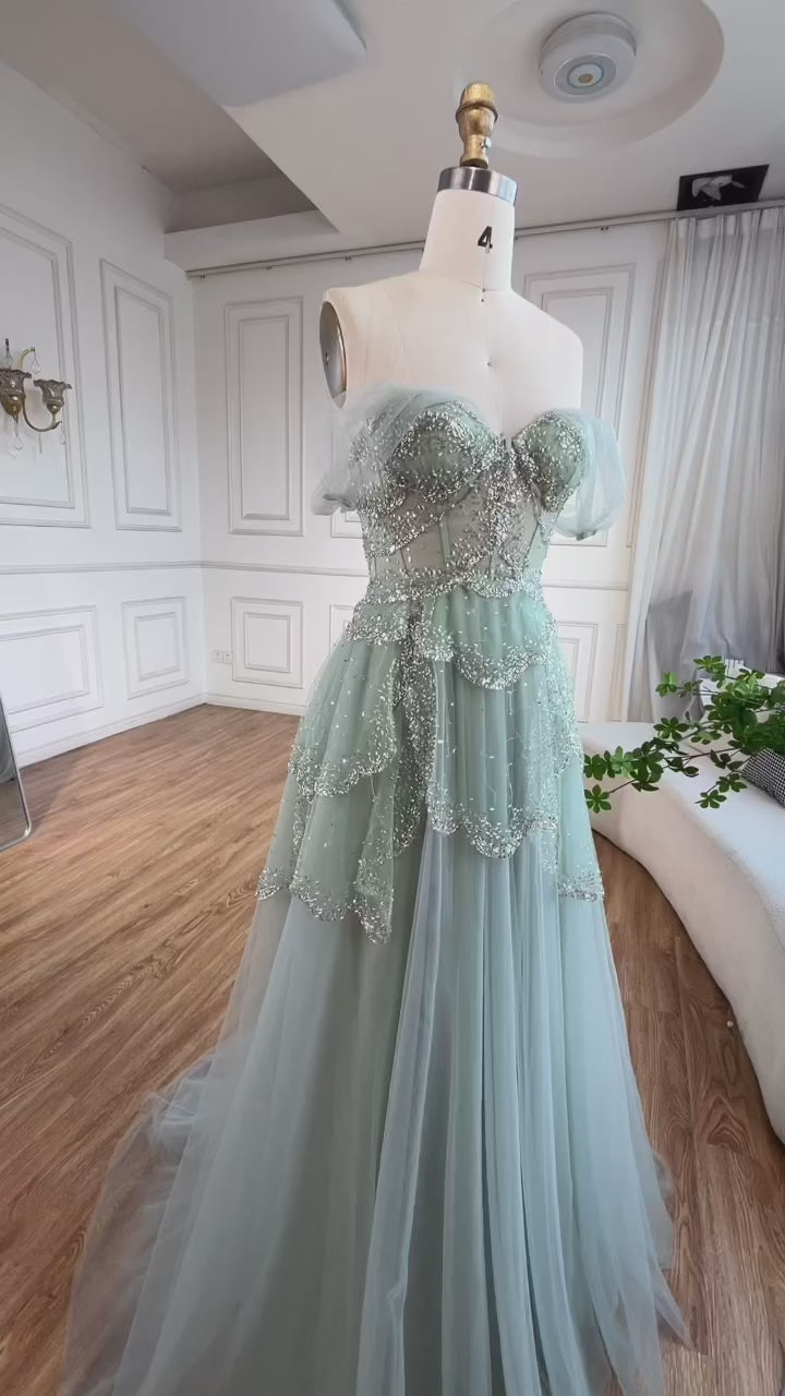 Luxury Sage Green Beaded A-Line Off-Shoulder Evening Dress LA72605