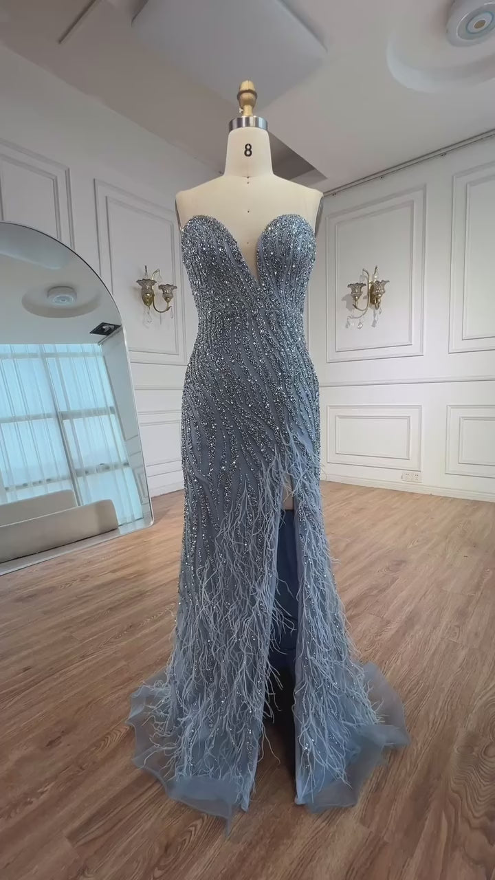 Luxury Blue Feather Beaded Evening Dress with Side Skirt LA72695