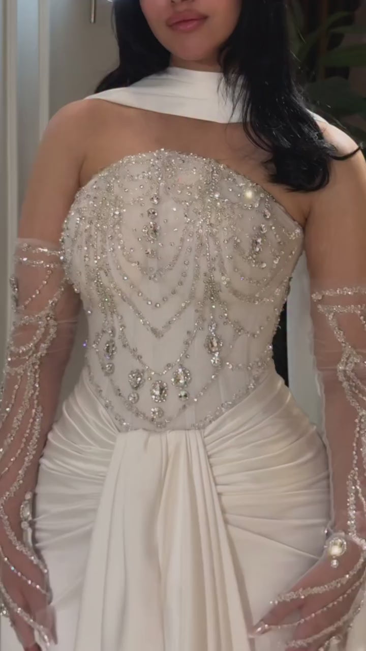 White Strapless Beaded Evening Dress with Gloves LA73086