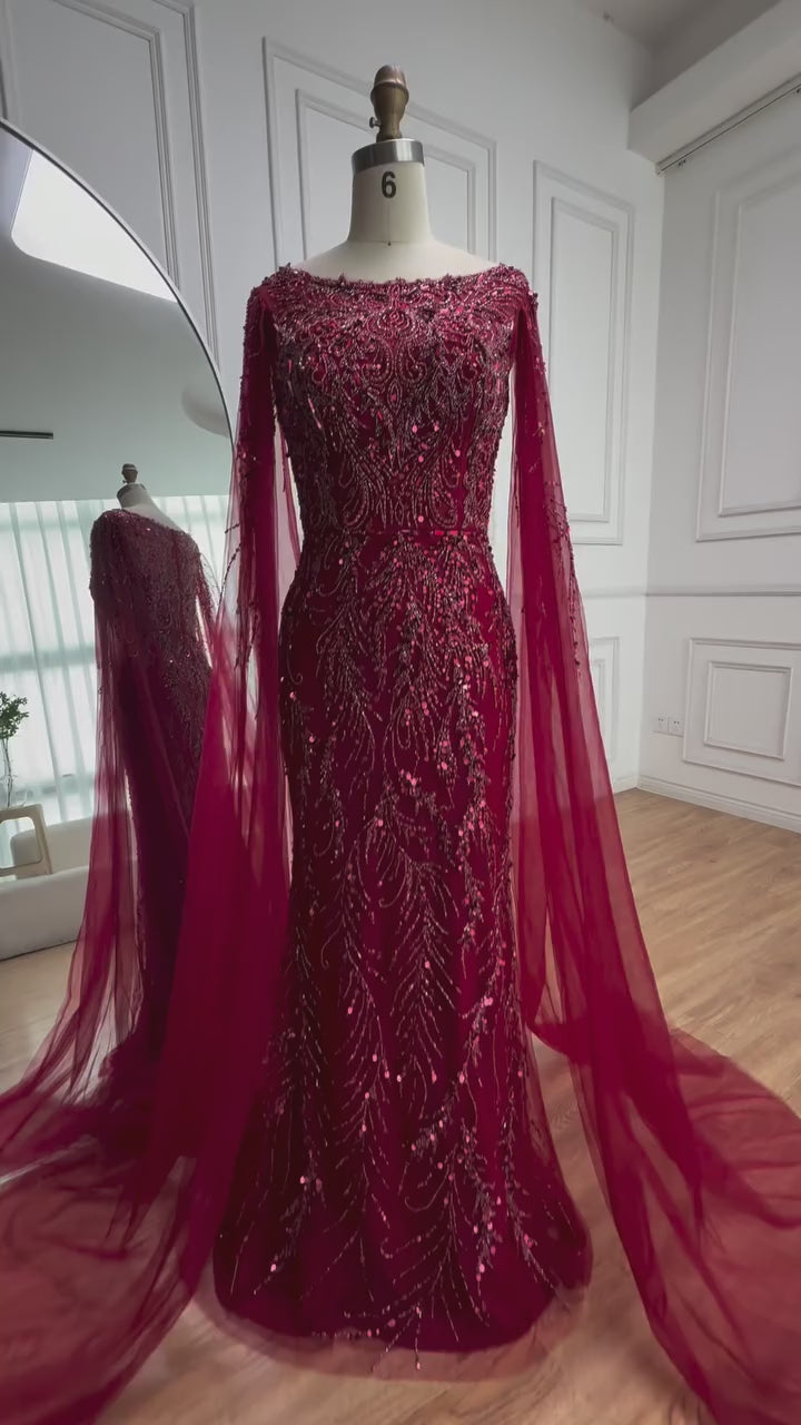 Luxury Caramel Beaded Evening Dress with Cape Sleeves LA73078
