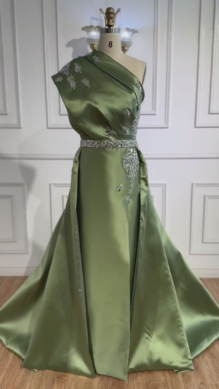 Luxury Dark Green Satin Beaded One Shoulder Evening Dress LA72845
