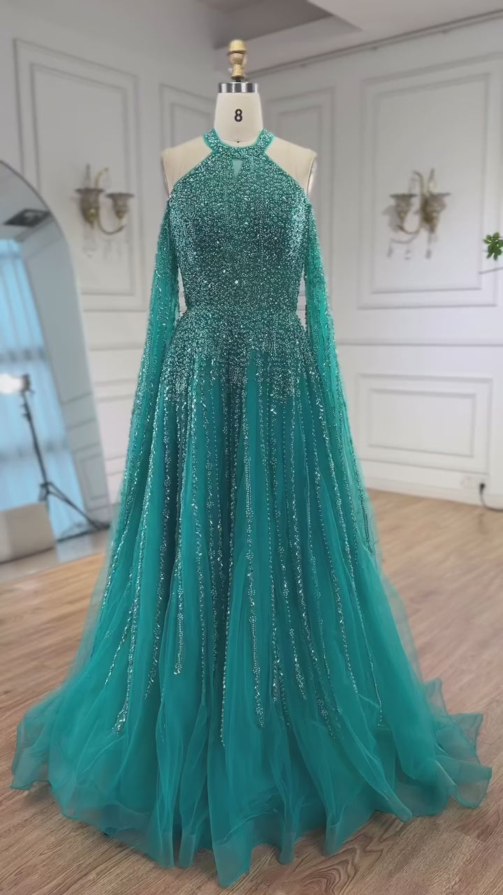 Luxury Turquoise Beaded A Line Evening Dress with Cape Sleeves LA72820