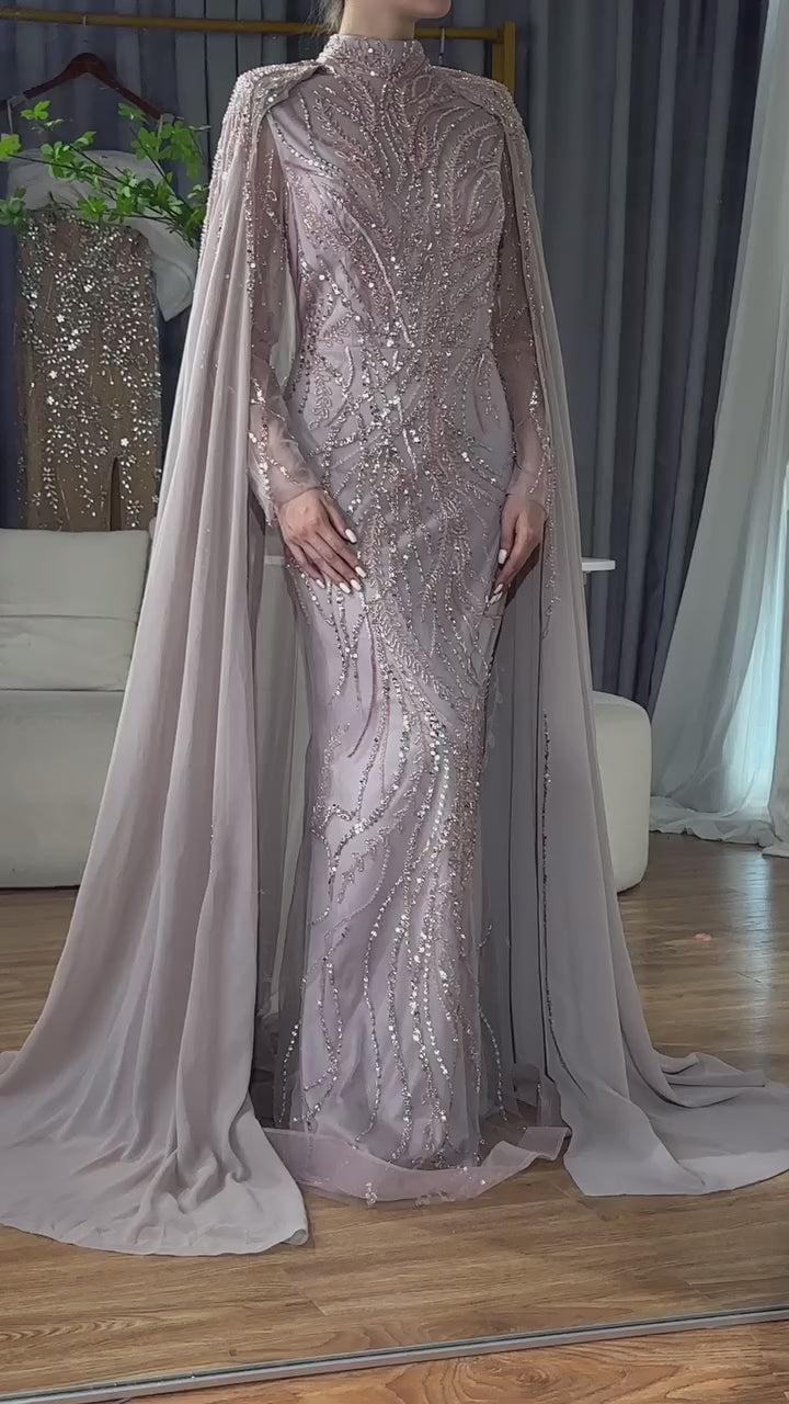 Modest Muslim Sage Green Evening Dress with Cape Long Sleeves LA72413A