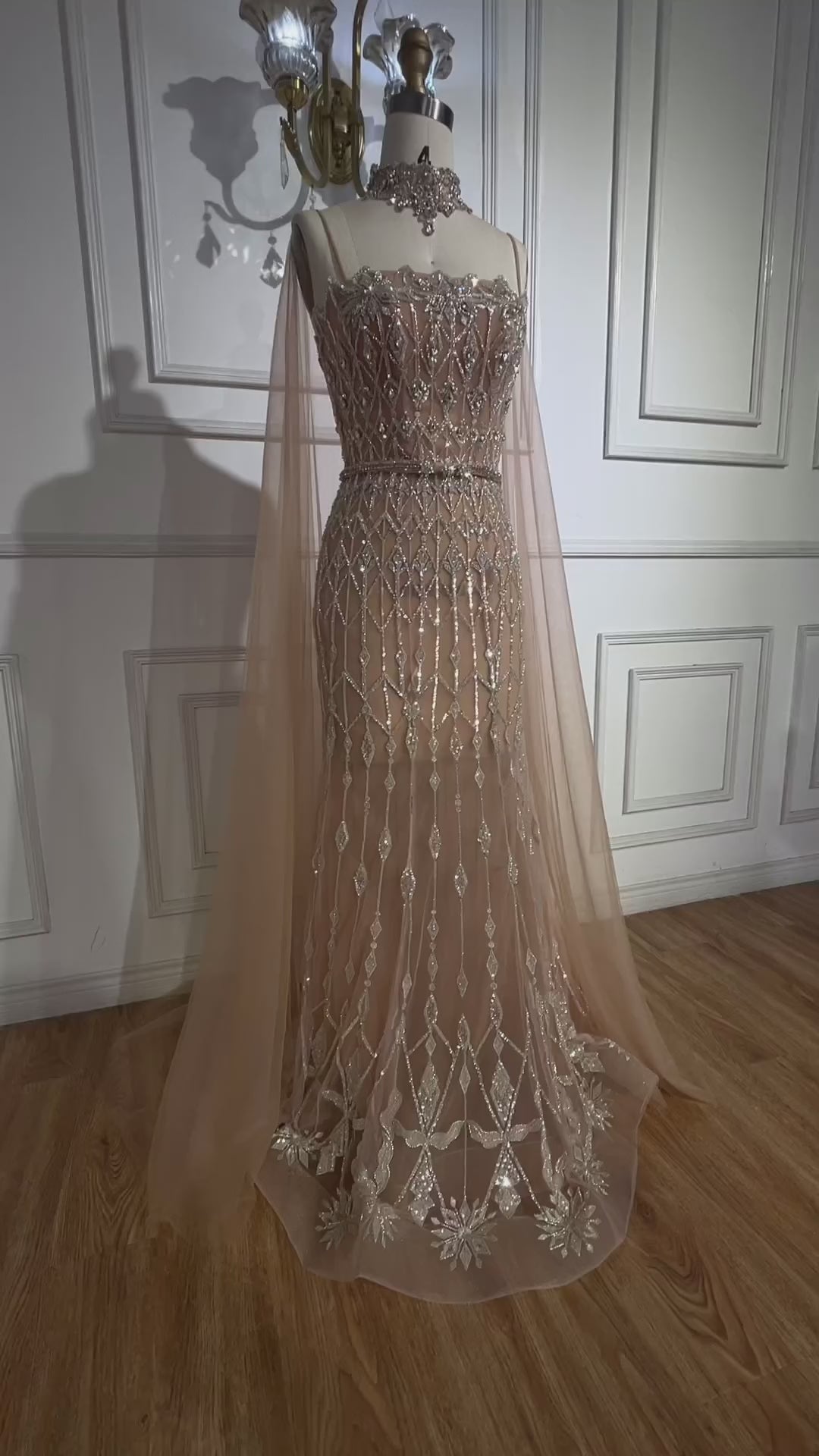 Luxury Nude Beaded Mermaid Evening Dress with Cape LA72711