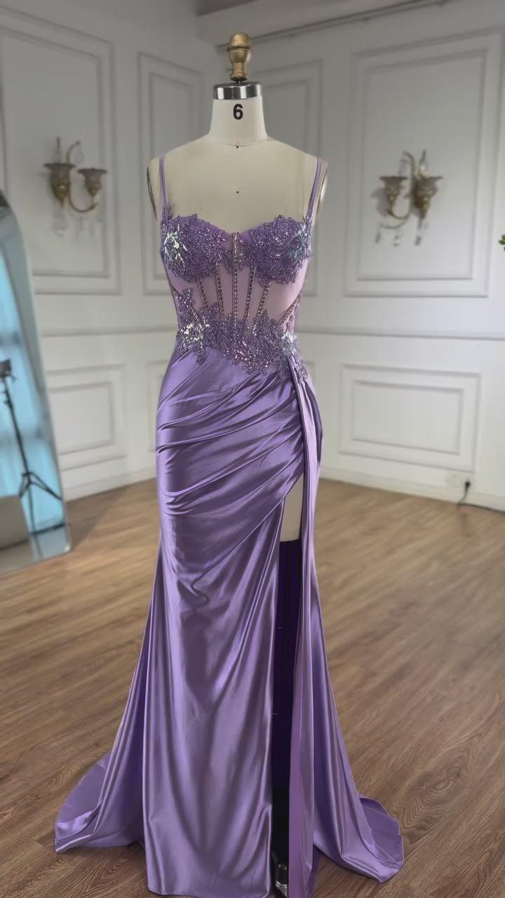 Luxury Mint Green Satin Beaded Prom Dress with Slit LA72995