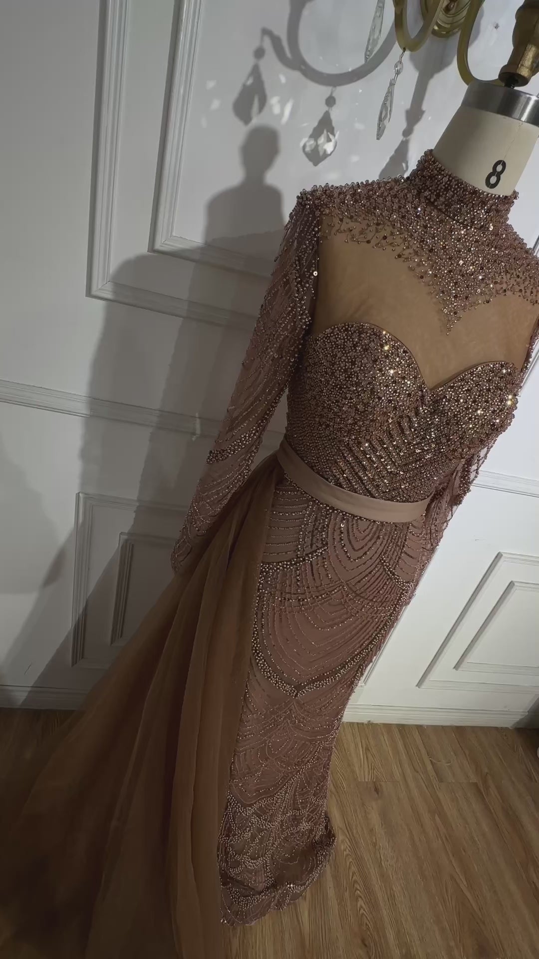 Luxury Brown Beaded Mermaid Evening Dress with Side Overskirt LA71913A