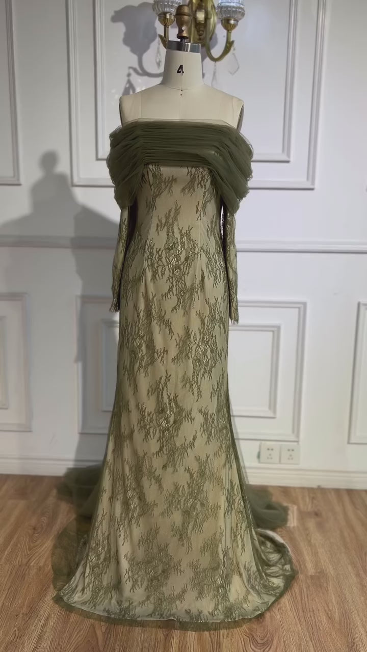 Elegant Olive Green Evening Dress with Lace Sleeves LA72942