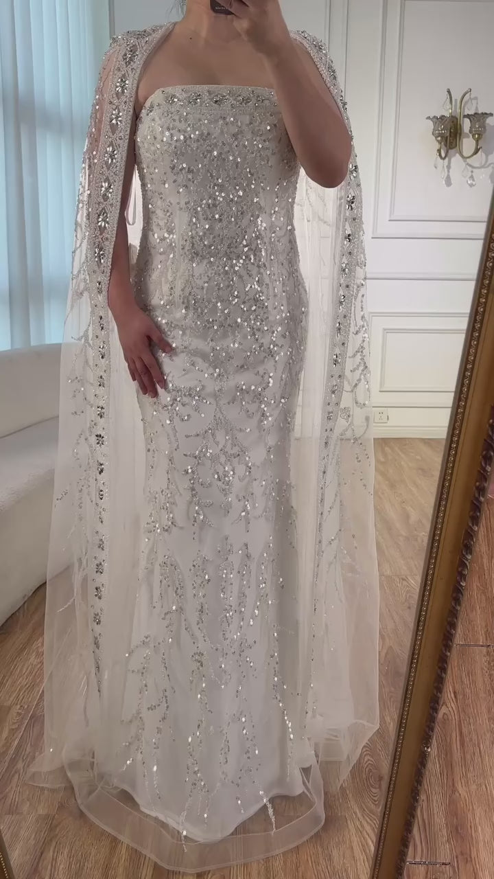 Luxury White Dubai Arabia Beading Evening Dress With Cape LA72870