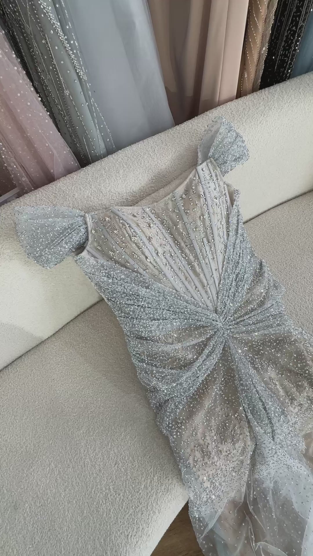 Luxury Designer Beaded Silver Nude Mermaid Evening Dress LA72905