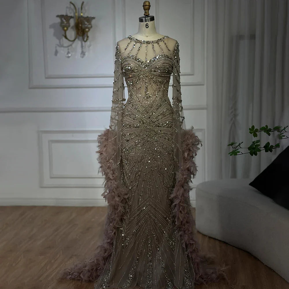 Luxury Modest Caramel Feather Long Cape Sleeves Mermaid Evening Dress LA72708A