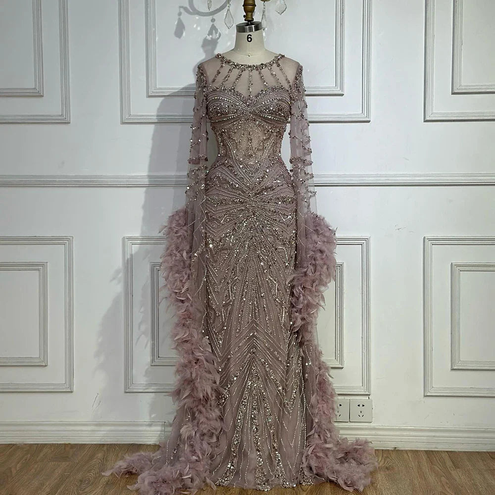 Luxury Modest Caramel Feather Long Cape Sleeves Mermaid Evening Dress LA72708A