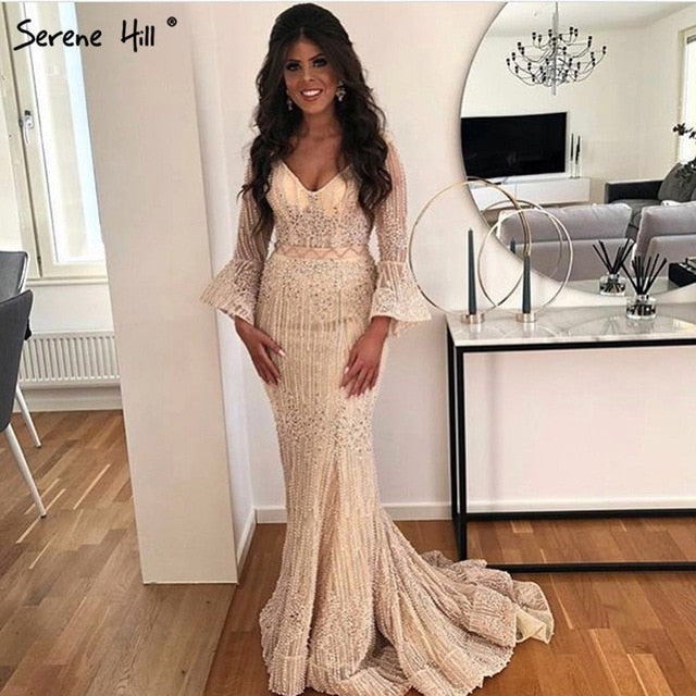 On Sale no return no refundSale Long Sleeves Fashion Luxury Evening Dresses V-Neck Mermaid Pearls Crystal Sexy Evening Gowns Luxury Dubai LA6489