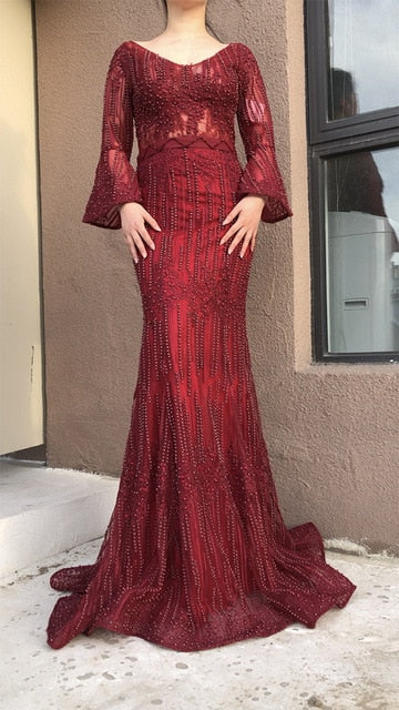 On Sale no return no refundSale Long Sleeves Fashion Luxury Evening Dresses V-Neck Mermaid Pearls Crystal Sexy Evening Gowns Luxury Dubai LA6489