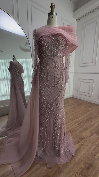Luxury Designer Nude Crystal Mermaid Evening Dress with Overskirt LA72348