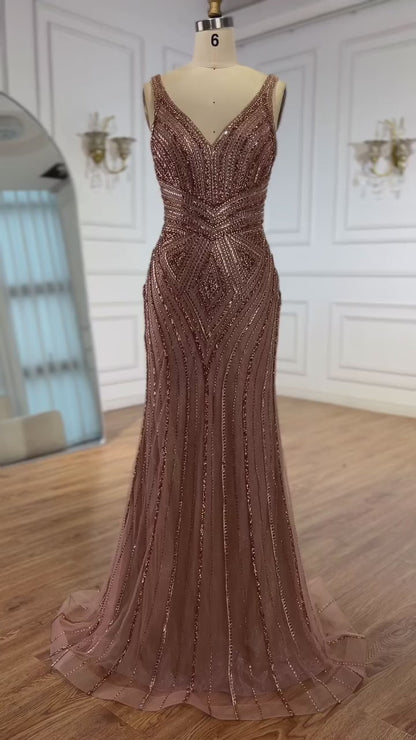 V Neck Beaded Sleeveless Mermaid Evening Dress LA73013