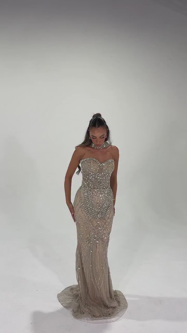 Luxury Silver Nude Crystal Beaded Mermaid Evening Dress LA73214