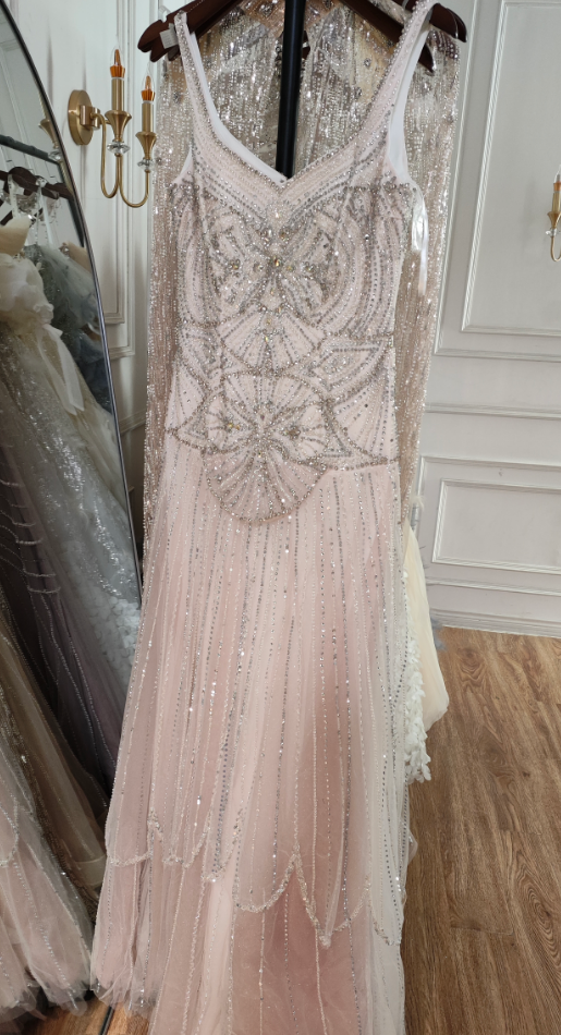 Luxury Arabic Nude Spaghetti Strap Beaded A-Line Evening Dress LA73189C