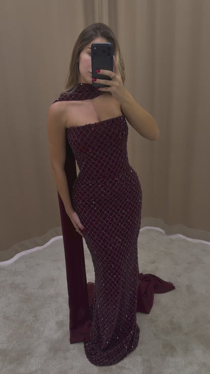 Luxury Wine Red Beaded Mermaid Evening Dress With Cape LA73660