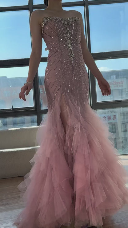 Luxury Pink Strapless Beaded Mermaid Evening Dress LA73430