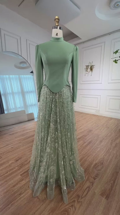 Luxury Sage Green Muslim Beaded Evening Dress LA72805A