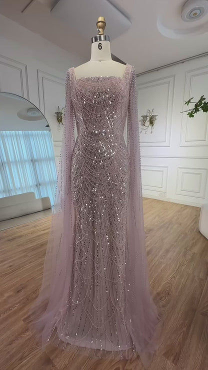 Luxury Arabic Mermaid Evening Dress with Cape Sleeves Plus SizeLA72590A