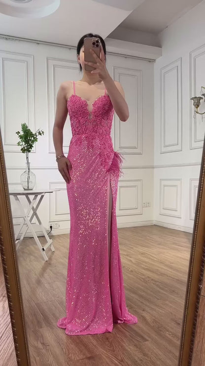 Luxury Pink Feather Beaded Mermaid Prom Dress with Slit LA72987