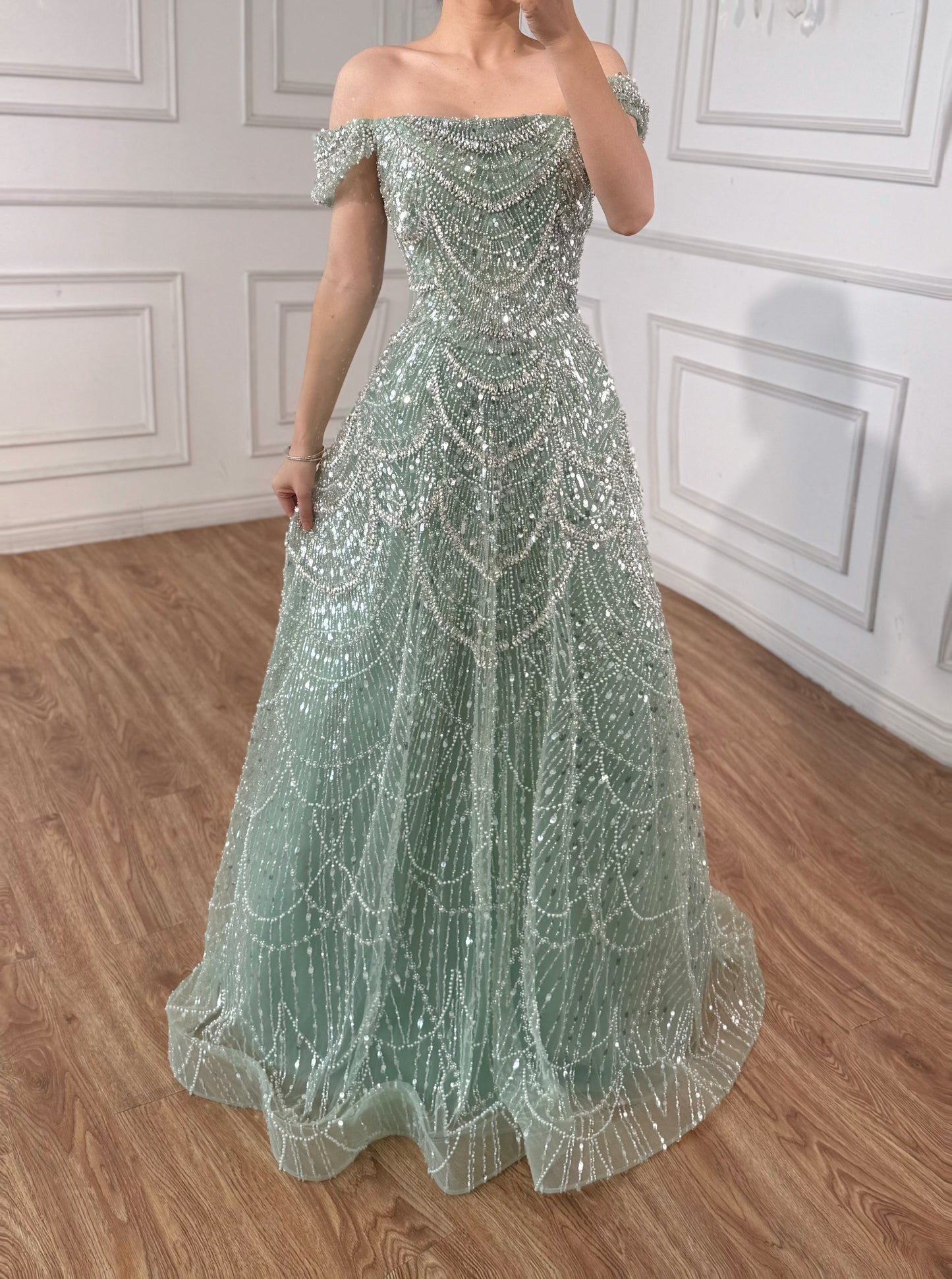 Luxury Nude A-Line Evening Dress with Pearls and Crystals LA72983A