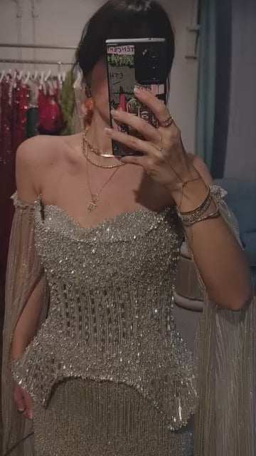 Luxury Gray Beaded Off-Shoulder Evening Dress with Cape Sleeves LA73076