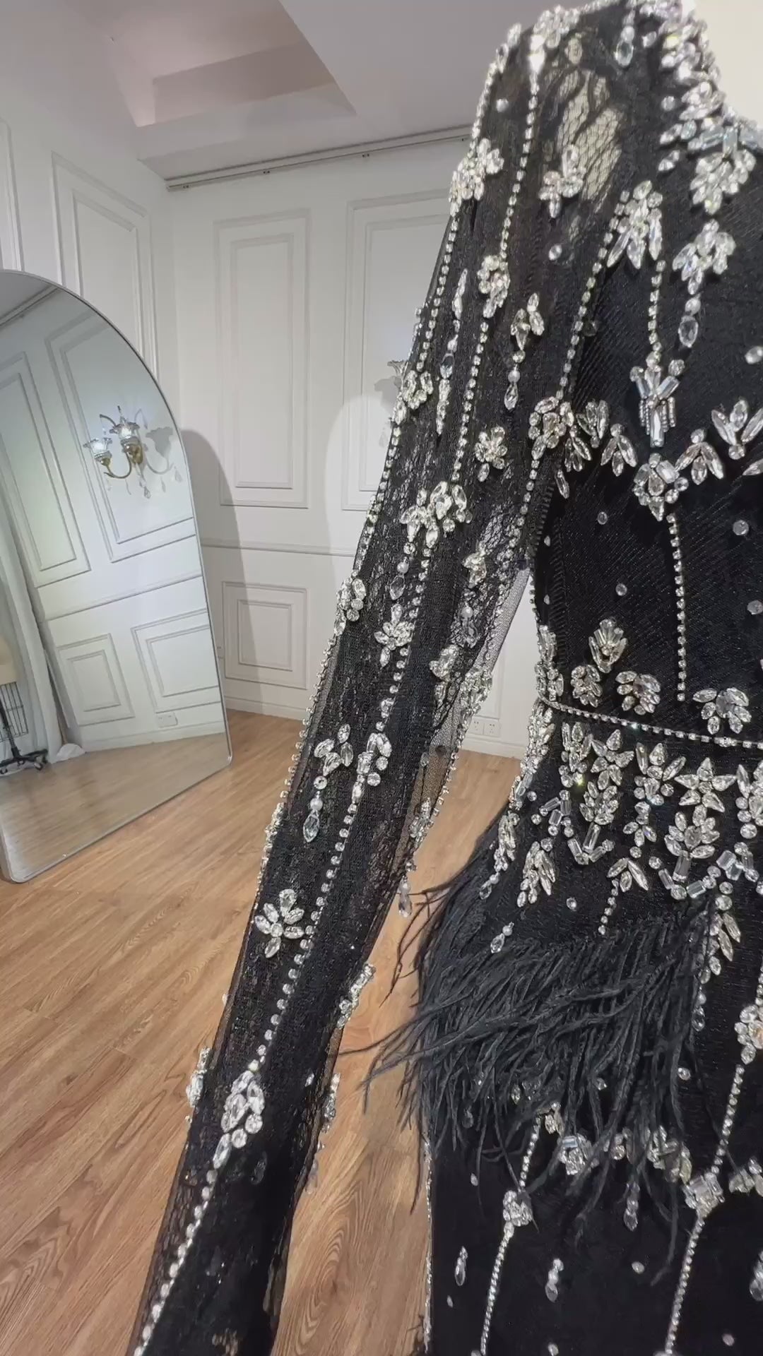 Luxury Black Feathers Midi Evening Dress with Long Sleeve LA71492AM
