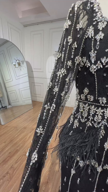Luxury Black Feathers Midi Evening Dress with Long Sleeve LA71492AM