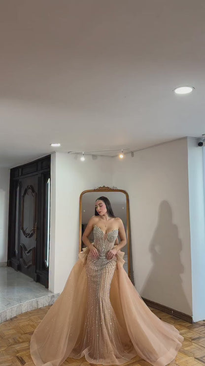 Luxury Nude Saudi Crystal Beaded Mermaid Evening Dress With Overskirt LA73474