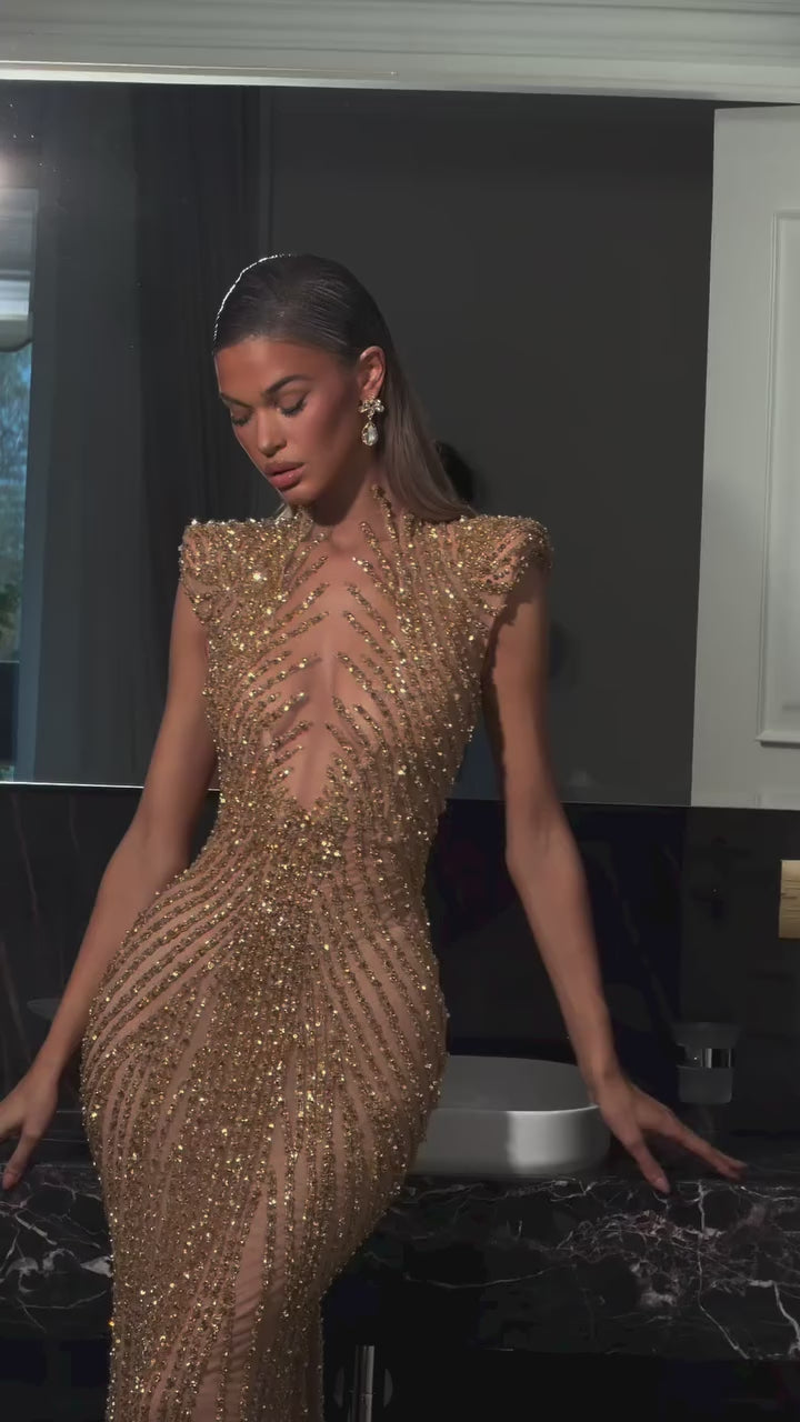 Luxury Saudi Arabic Gold Beaded Mermaid Evening Dress LA73221