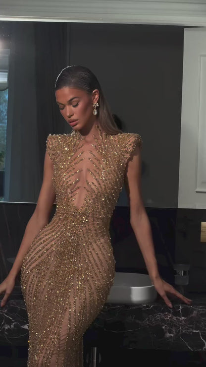 Luxury Saudi Arabic Gold Beaded Mermaid Evening Dress LA73221