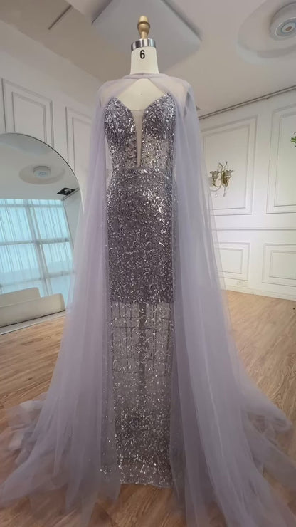 Luxury White Sequin Mermaid Evening Dress with Cape LA72996