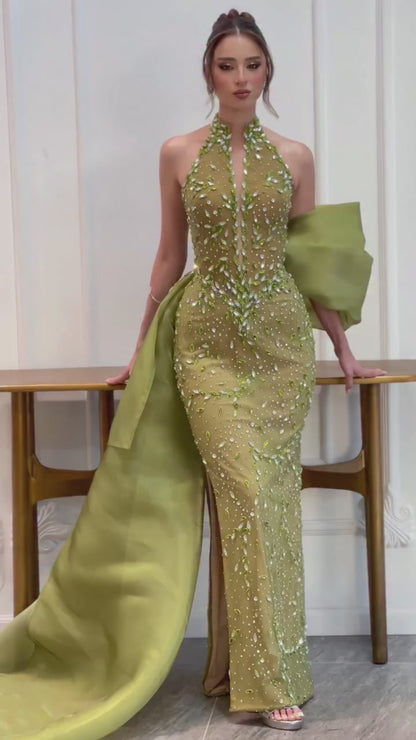 Luxury Lemon Beaded Halter Neck Mermaid Evening Dress with Overskirt LA73523