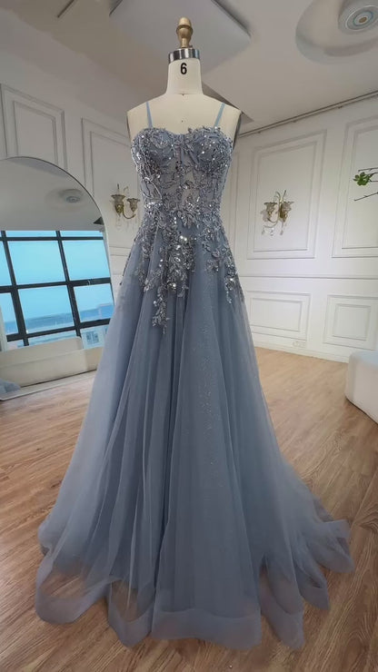 Luxury Gray Tulle A Line Prom Dress with Floral Appliques LA73015