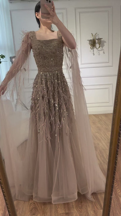 Elegant Blue Beaded Feather A-Line Evening Dress With Cape LA73043