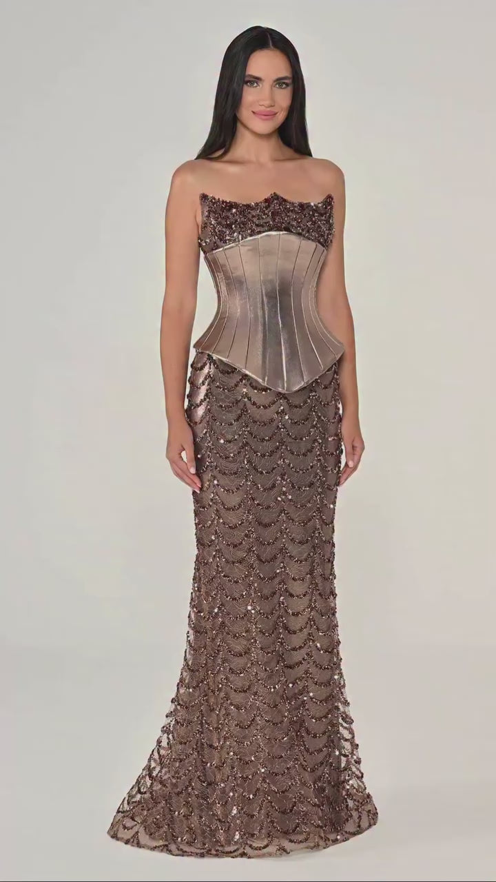 Luxury Coffee Strapless Beaded Corset Mermaid Evening Dress LA73505