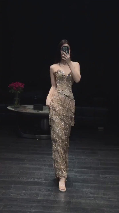 Luxury Arabic Gold Strapless Crystal Beaded Evening Dress LA73492