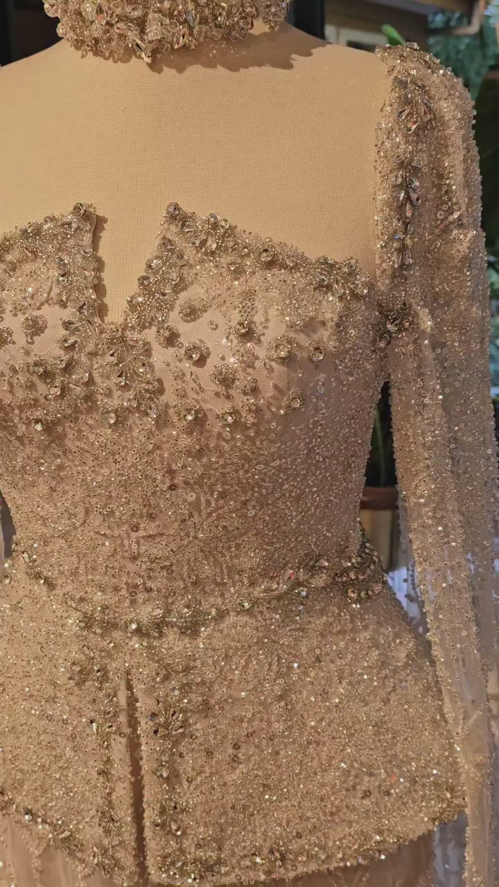 Luxury Silver Dubai Crystal Beaded Evening Dress with Cape LA73274