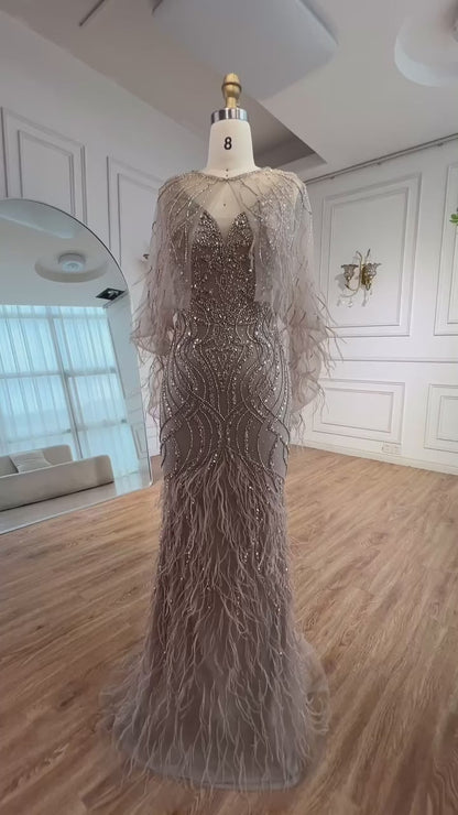 Luxury Caramel Feather Beaded Mermaid Evening Dress LA71866