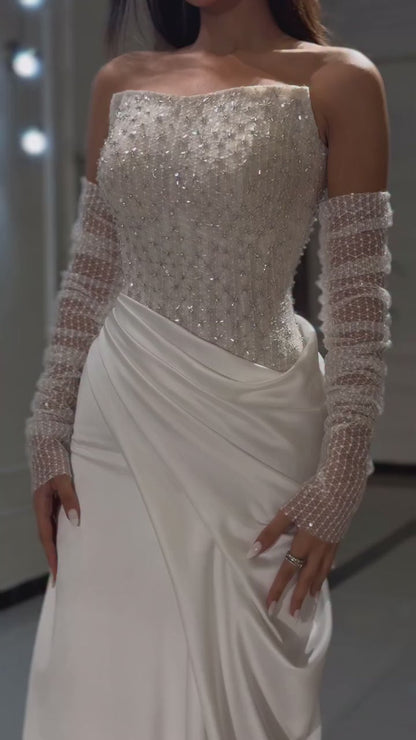 White Strapless Beaded Evening Dress with Detachable Sleeves LA72293A