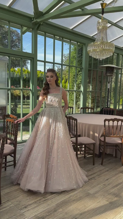 Nude Square Neck Beaded A-Line Evening Dress LA72835