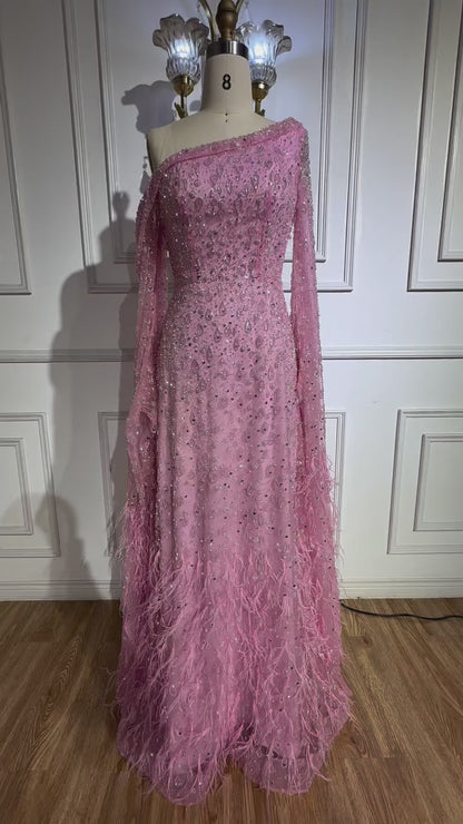 Luxury Feather One Shoulder Evening Dress with Cape Sleeves LA72763