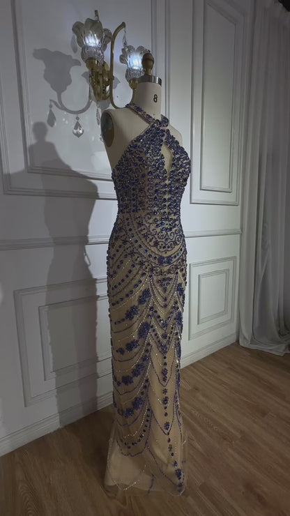 Luxury Blue Beaded Mermaid Evening Dress LA72858