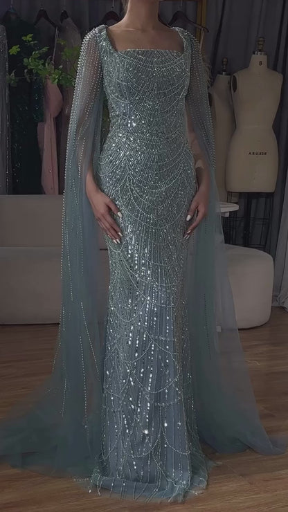 Luxury Arabic Mermaid Evening Dress with Cape Sleeves Plus SizeLA72590A