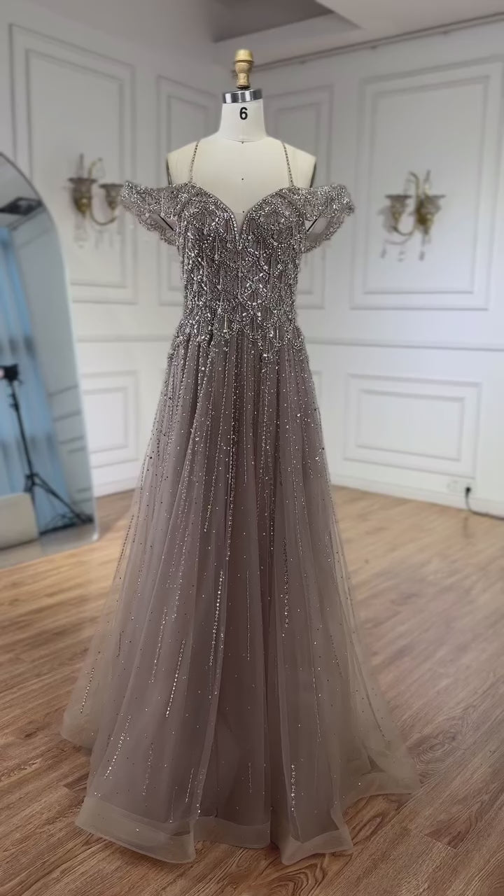 Luxury Arabic Caramel Off Shoulder Beaded A Line Evening Dress LA71606