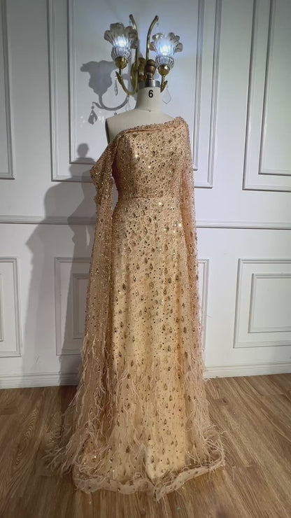Luxury Feather One Shoulder Evening Dress with Cape Sleeves LA72763