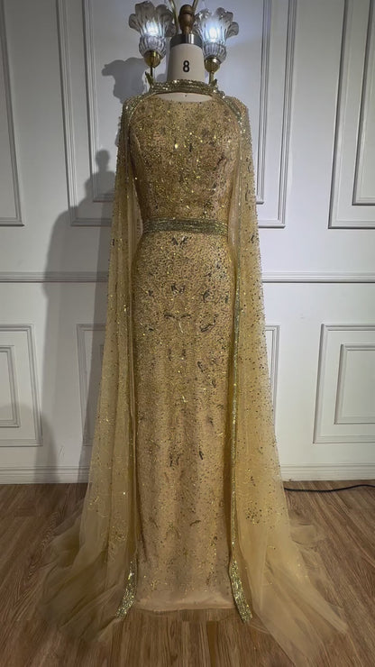 Luxury Gray Arabic Mermaid Evening Dress with Cape LA72180
